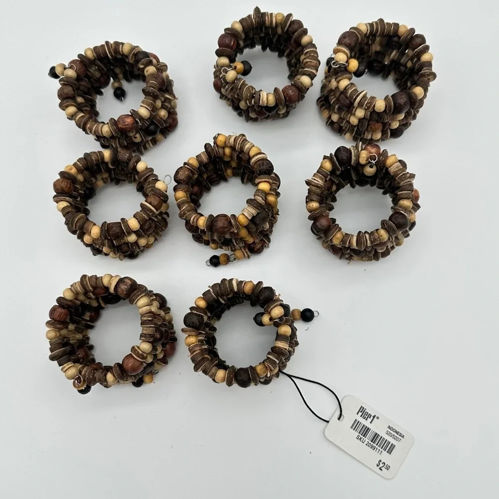 Pier 1 Napkin Rings Set of 8 Brown Woven Wood Bead Memory Wire Boho Coastal